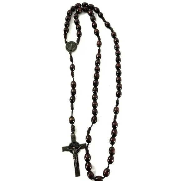 Catholic St Benedict Rosary Wooden Beads Metal Crucifix INRI 20” - Picture 1 of 6